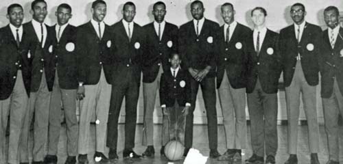 The 1965-66 Elizabeth City State University basketball team in dress attire