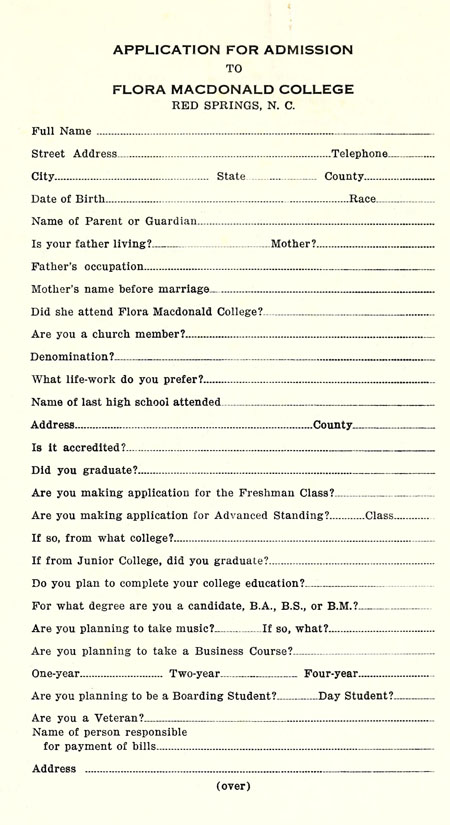 First page of an application for admission to Flora MacDonald College (1959-1960)