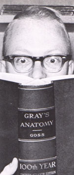 Image of a man looking over the top of "Gray's Anatomy."