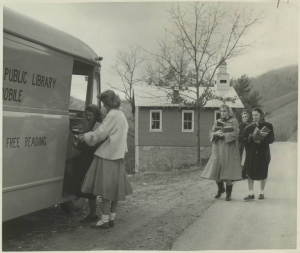 Patrons visiting the Madison County Bookmobile