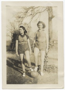 Sarah Skyler and Doris Weeks posing with basketball (1940).