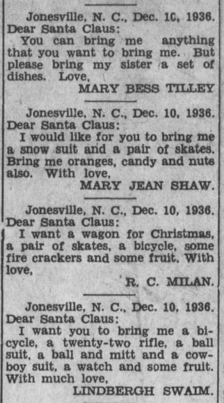 Letters to Santa from The Elkin Tribune, December 24, 1936