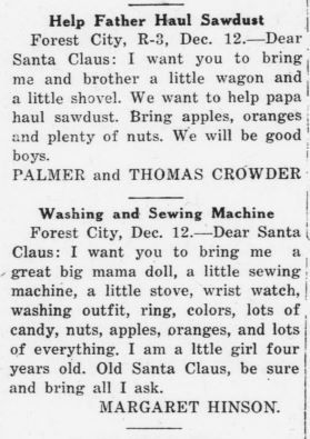 Letters to Santa from the Forest City Courier, December 15, 1927.