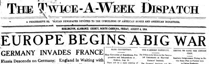 Twice a Week Dispatch headline, 8- 4-1914