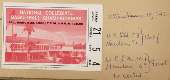 Ticket to 1968 National Collegiate Basketball Championships, from Parker Scrapbook.