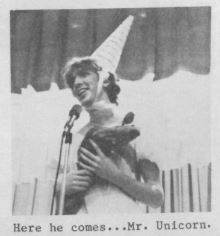 Image of Mr. Unicorn, a man at microphone wearing a unicorn horn hat