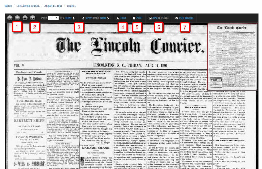 Screenshot of a newspaper in the viewer with features marked