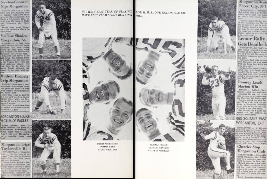 two page book spread with photos of football players and newspaper article clippings about football game scores