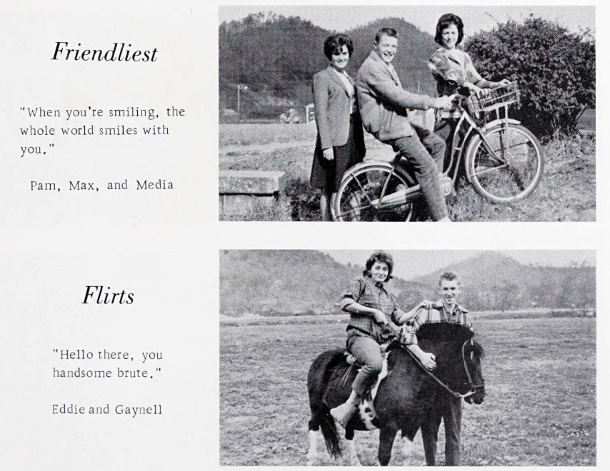 two photographs of students on a bike, and a student riding a horse