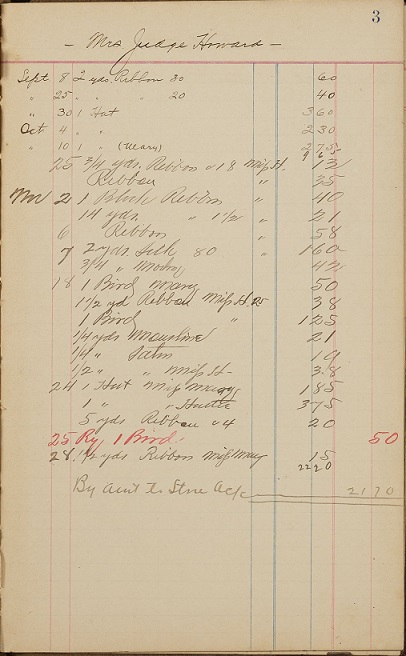 ledger page for Mrs. Judge Howard with products and prices