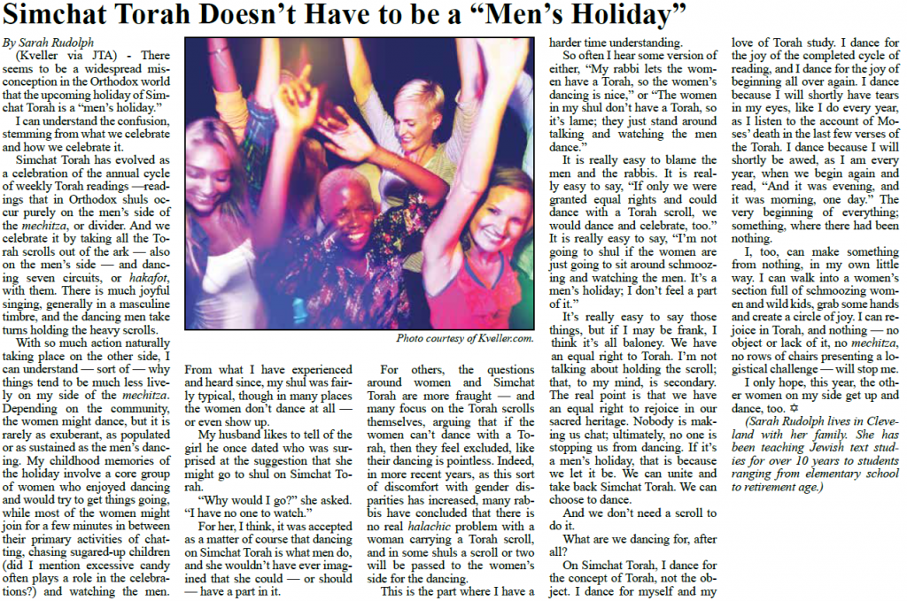 Article about women celebrating Simchat Torah holiday