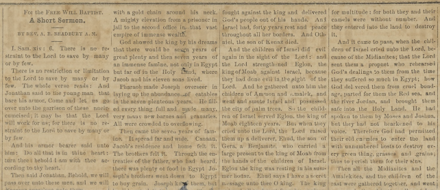 "A Short Sermon" article clipping from The Free Will Baptist newspaper