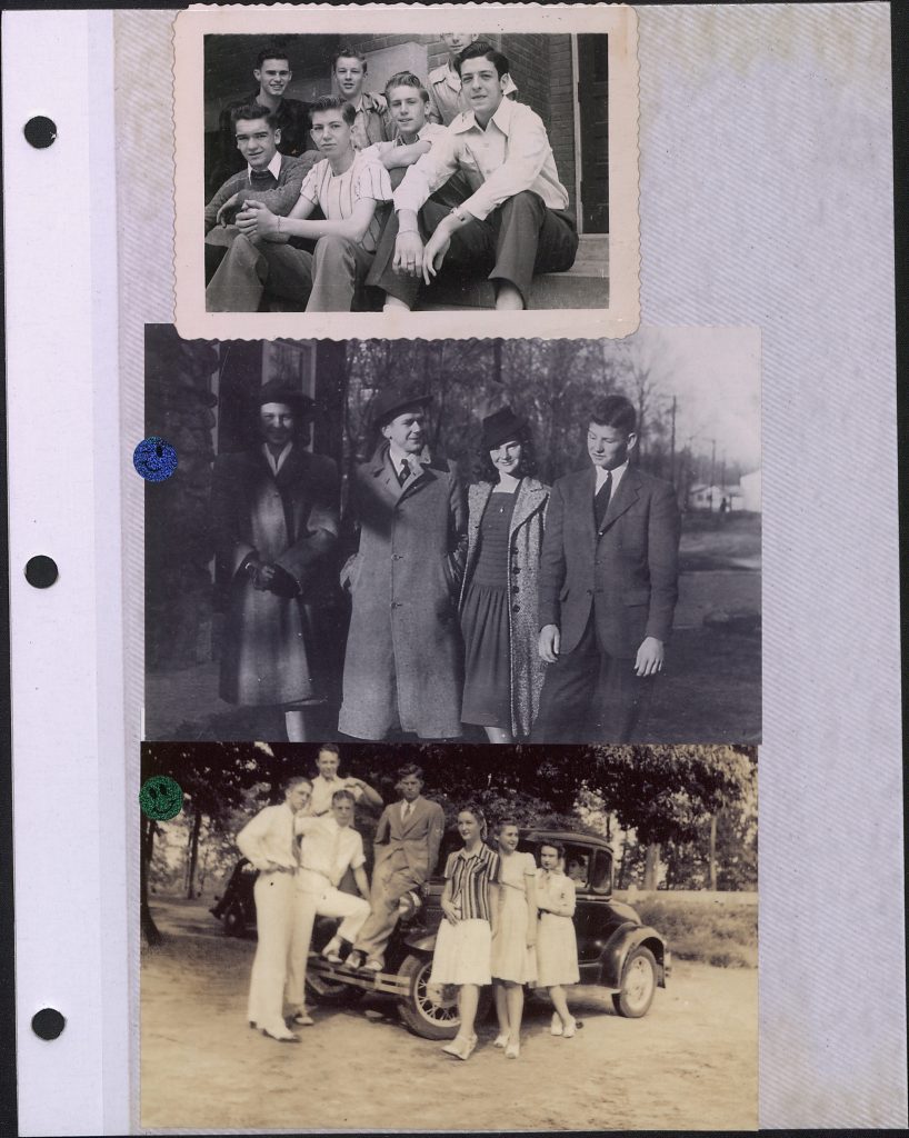 Scrapbook page with three black and white photos each containing groups of students posing for the camera