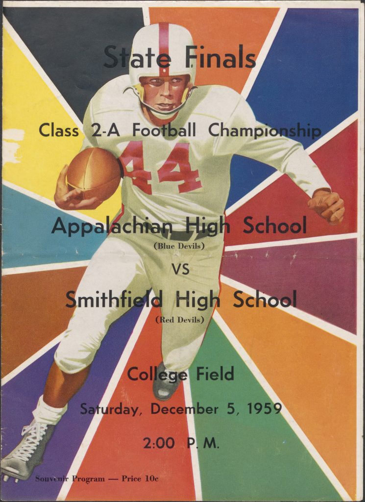 Colorful football program cover with drawing of running football player