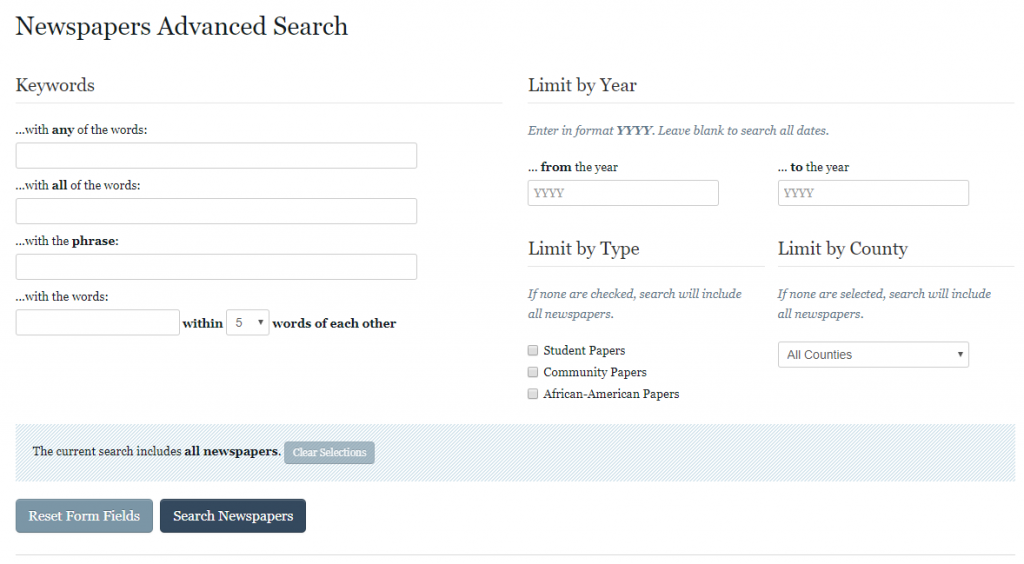 A screenshot showing the text input boxes and different filter options on the newspapers advanced search