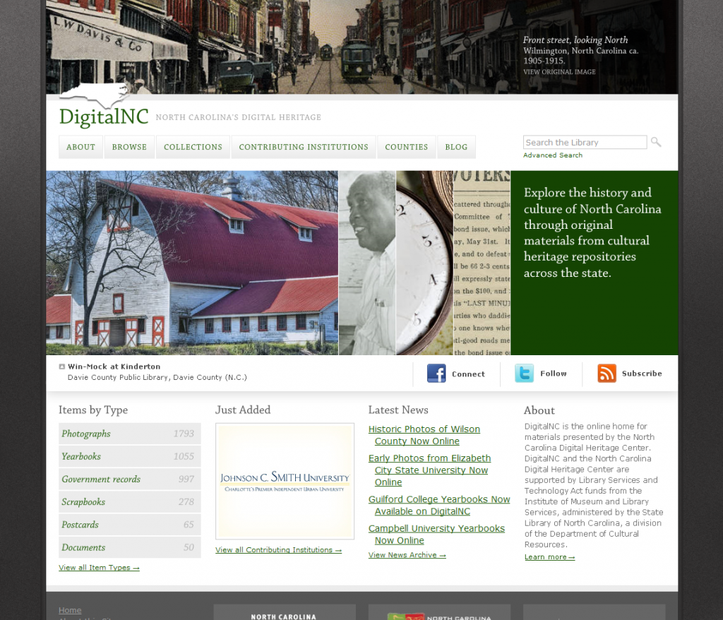 DigitalNC.org home page at launch with numerous historic photographs.