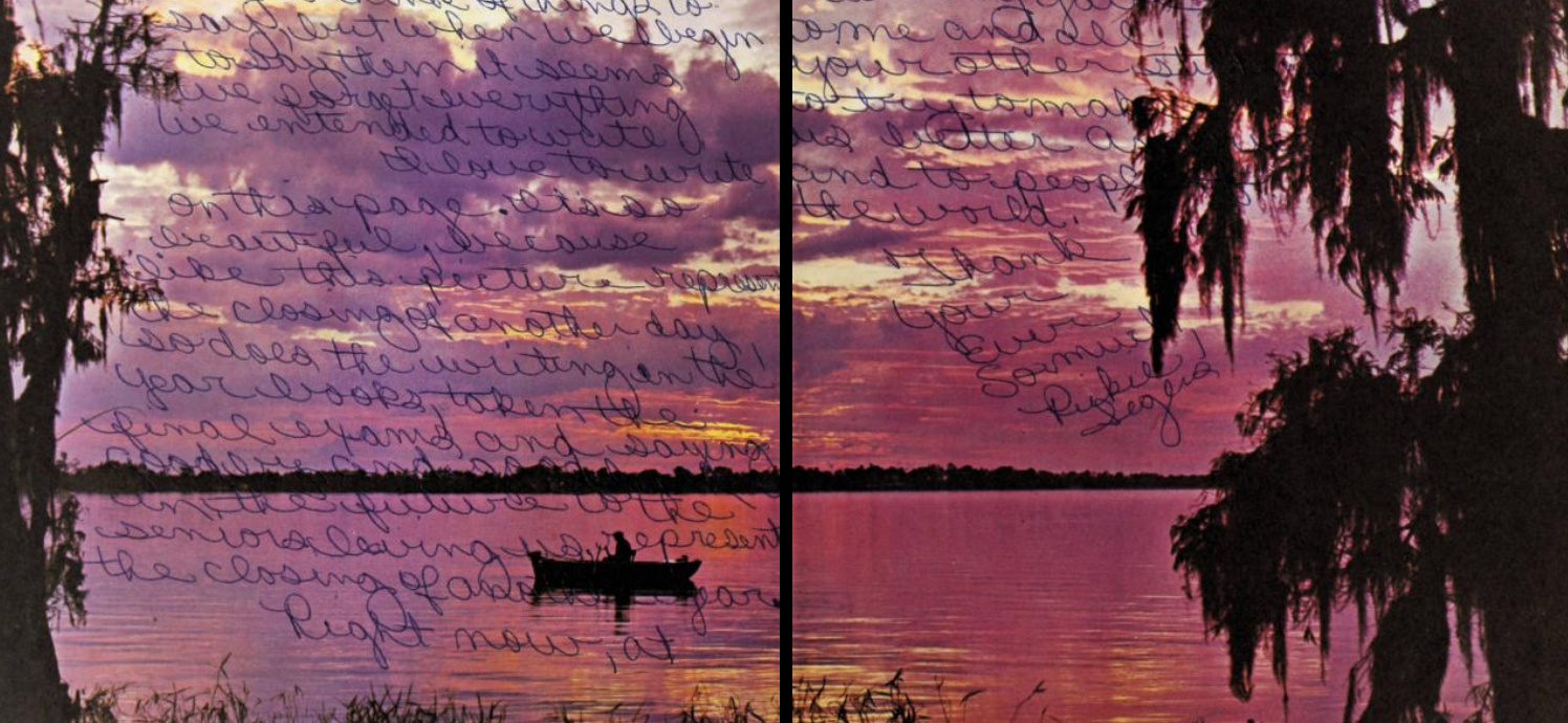 Inside front cover of the 1966 East Davidson High School yearbook The Claw. This image shows a photo of the purple and pink sunset sky over a body of water with a single boat. Autographs cover the pages.