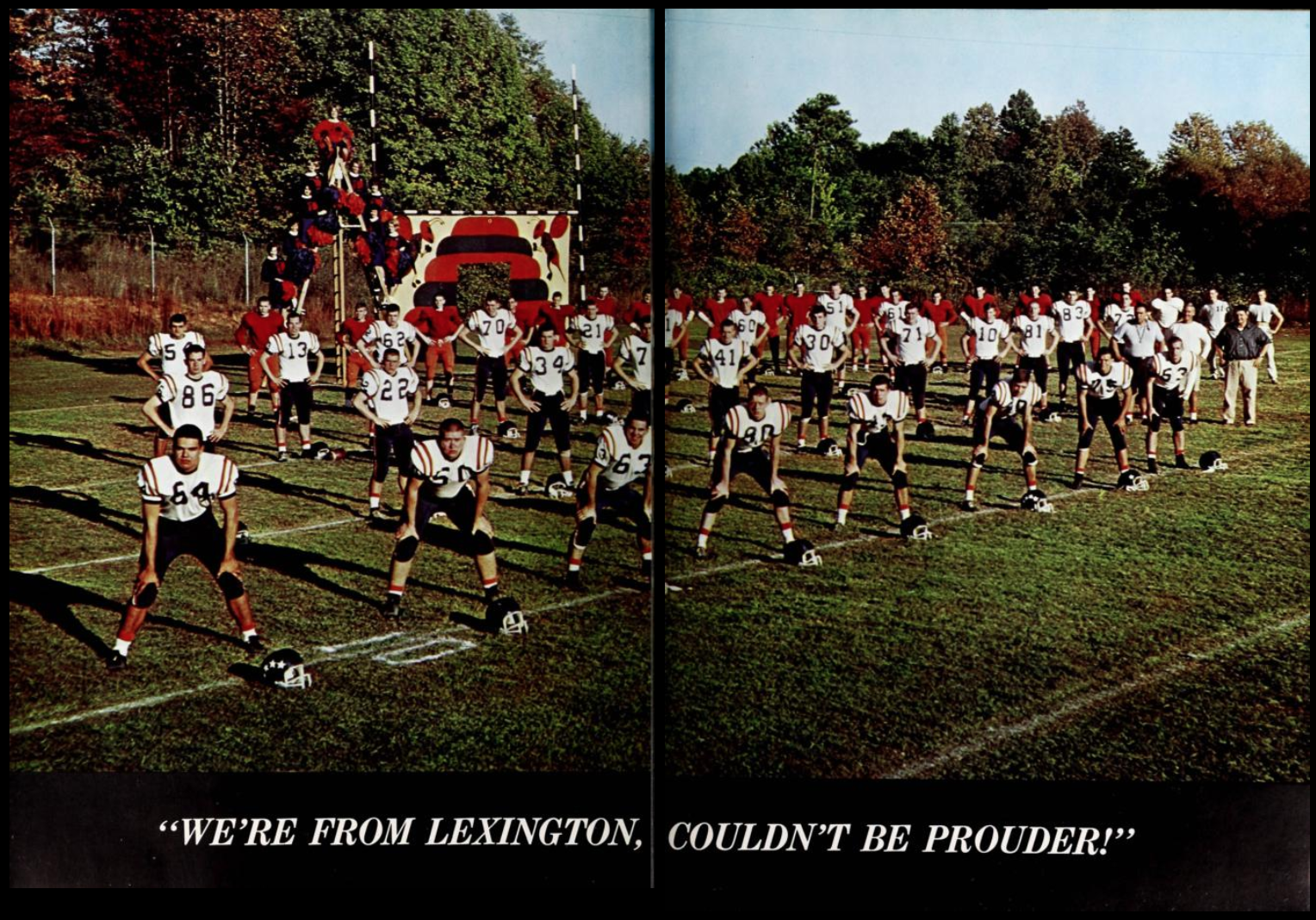 Two-page spread from the 1964 Lexington Senior High School yearbook The Lexicon. A single color photo of the football team and cheerleaders takes up the two pages; the text beneath the photo reads "We're from Lexington, couldn't be prouder!".