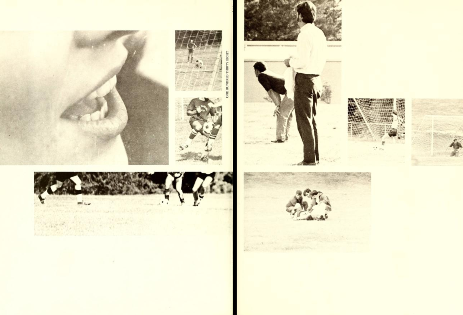 Two-page spread from the 1971 Methodist University yearbook Carillon. These pages show photos taken during a soccer game. One photo is a close up of a mouth cheering and another has the view of the soccer ball about to be kicked angled from the back of the goal netting.