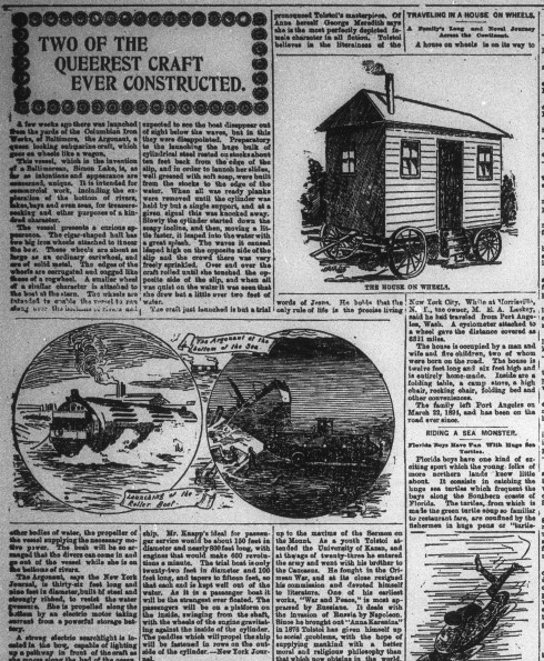 Clipping of a page with articles on "Two of the Queerest Craft Ever Constructed", "Travelling In a House on Wheels", and "Riding a Sea Monster". Printed images accompany the text.