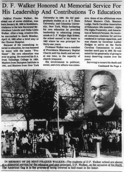 Memorial for D.F. Walker accompanied by an image of his face imposed on the flag at half-mast at D.F. Walker High School, lowered in his honor. Students surround the lowered flag.