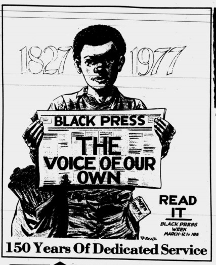 Clipping from a page of The Charlotte Post. The image shows a Black child holding a newspaper that states "Black Press: The Voice of Our Own". Below the child is "150 Years of Dedicated Service" while text to the right of the child reads "Read it: Black Press Week March 12 to 18". 1827 and 1977 are shown behind the child's head.