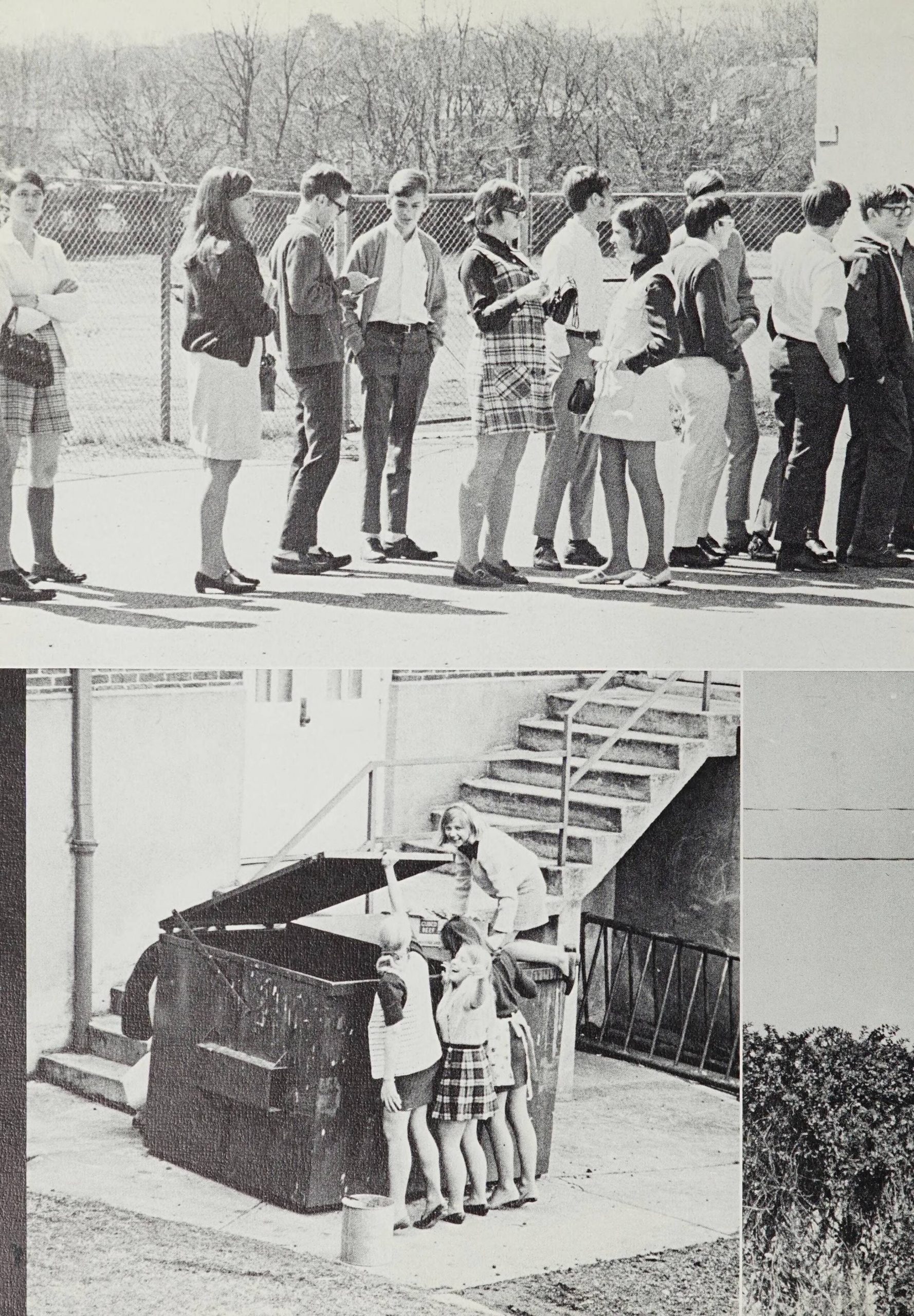 Two pictures. First pictures shows students standing in a line. The second picture shows three students lifting the lid to a dumpster while another student looks like they are about to go into the dumpster.