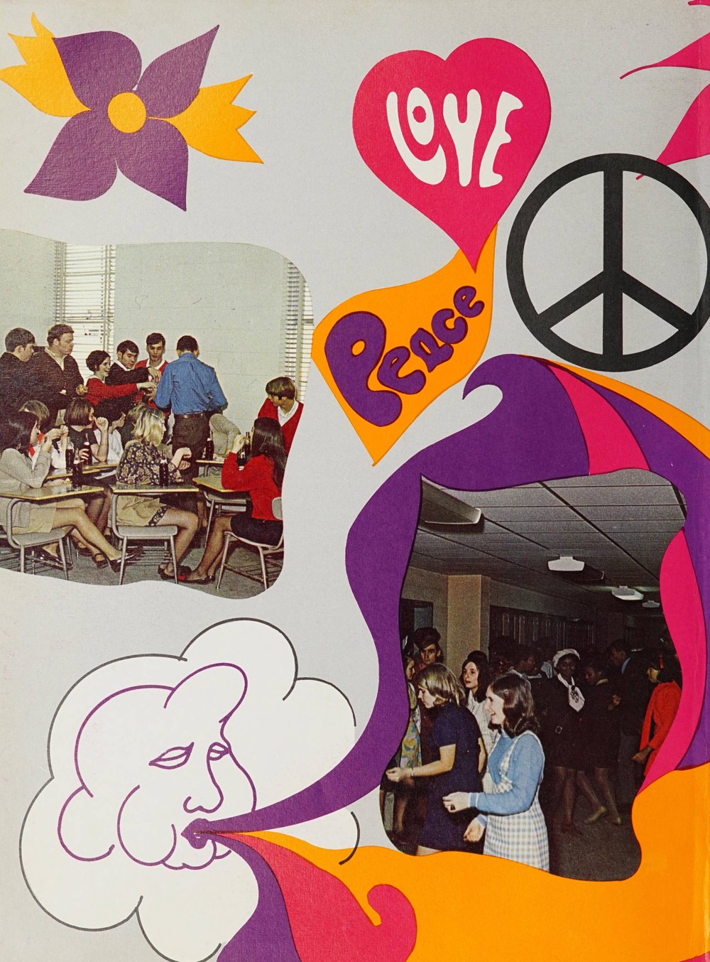 There are two pictures on the page both with students around the high school. There is a peace symbol and drawing of a cloud blowing air. Words on the page read "Peace" and "Love." 