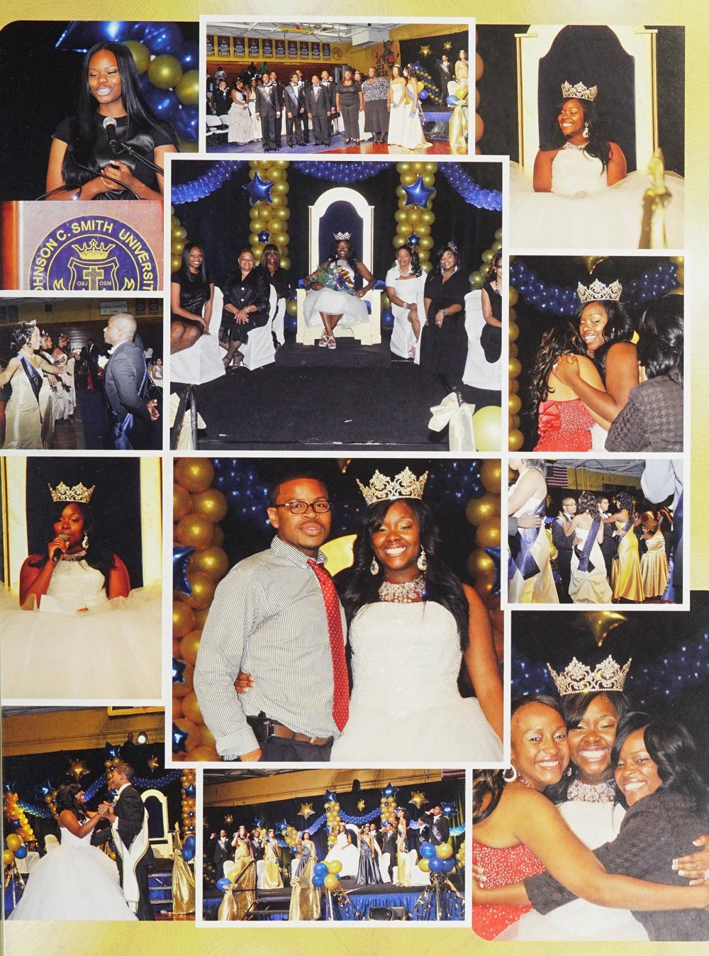 Photographs of the homecoming queen on a stage and posing with different people. 