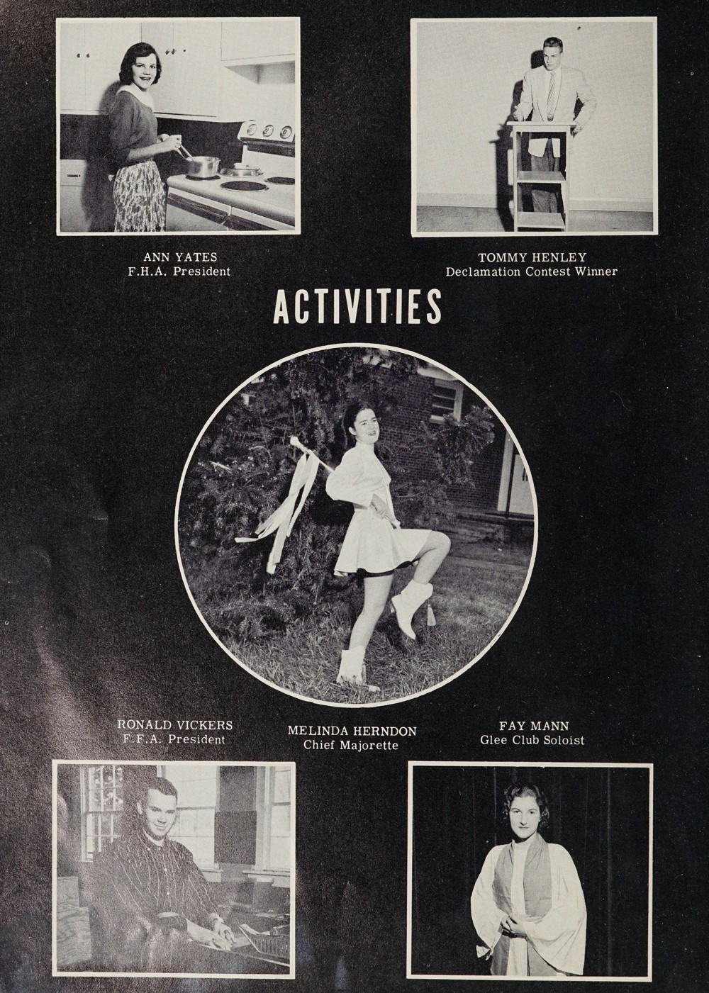 Activity page showing the F.H.A. President, Declamation Contest Winner, Chief Majorette, Glee Club Soloist, and F.F.A. President.