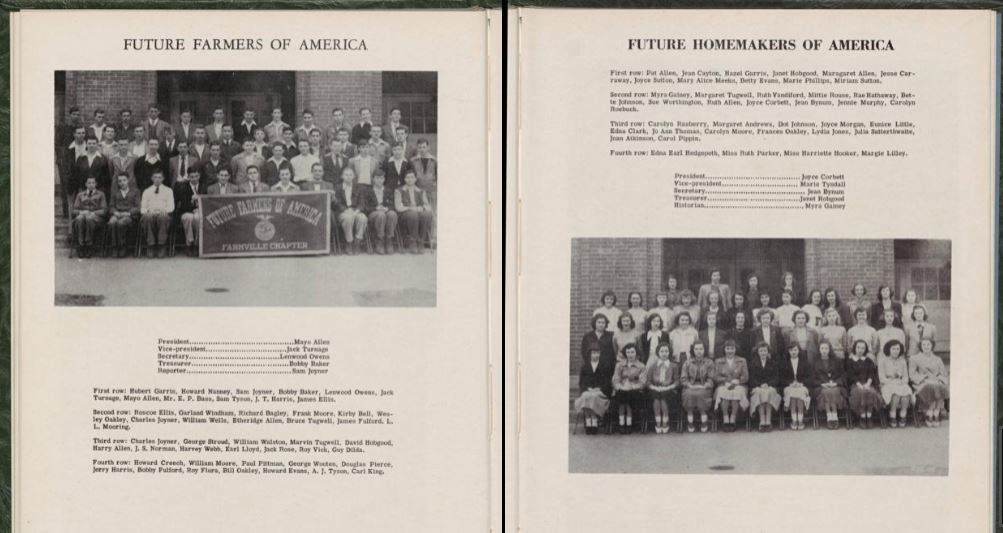 yearbook spread showing two large group portraits