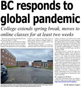 Article from the front page of The Clarion titled "BC Responds to Global Pandemic".