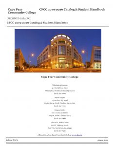 cover of the 2019-2020 Cape Fear Community College course catalog featuring a picture of a building lit up at night