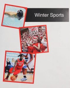 Three photos on a blank page with the text "Winter Sports" at the top right. The photos are of a swimmer mid stroke, a crowd of cheering Davidson fans, and a basketball player on the court.