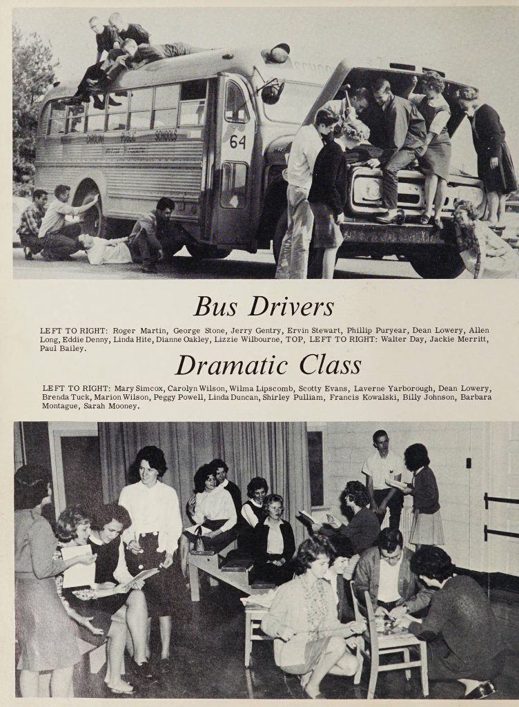 Pictures of two school groups (bus drivers and dramatic class). The first picture features people working on fixing a bus. The second has a group of students gathered in a classroom talking to one another.