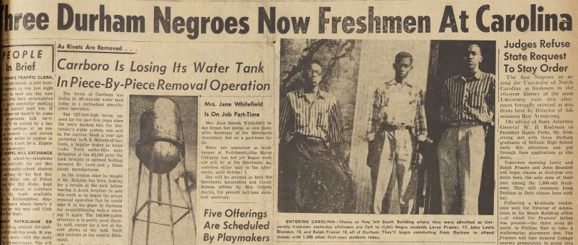 A section of the cover page of the Chapel Hill News Leader. The headline reads "Three Durham Negroes Now Freshman at Carolina" and has a photo of them on the steps of UNC.