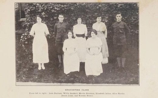 Seven students pose in two rows.