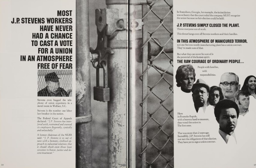 Two pages from the Testimony: Justice vs. J.P. Stevens program. The spread speaks to an atmosphere of fear at J.P. Stevens and features a black and white photo of a chain link fence in the middle of the spread with a few faces of people to the right.