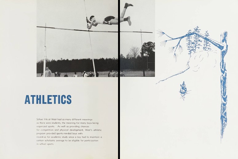 A two page spread from the West Mecklenburg High School. It features a photo of a student in mid air pole vaulting over a bar. 'Athletics' is in bright blue text along with a paragraph of text and an illustration of a tree branch over a river with a Native American canoeing. 