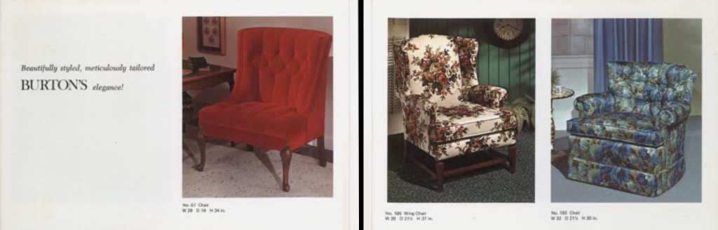 Clipping of three different upholstered chairs from the 1970 Burton Furniture catalog.