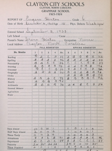 Partial school record for one student named Eugene Hinton. It shows Eugene's grades and demographic information for the school year 1924. 