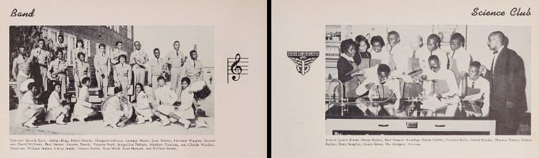 A clipping of two pages in the Scholastic yearbook. The photo on the left depicts the band and the photo on the right depicts the science club.