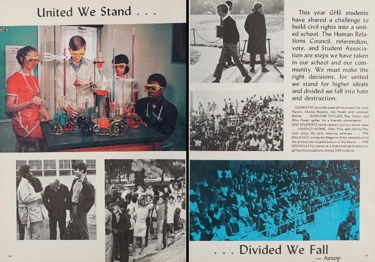 Two pages from the Goldsboro High School yearbook in which they discuss the second year of racial integration. Several photos cover the page, including images of basketball stands and four students in chemistry class.