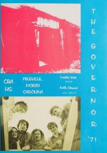 Page from The Governor 1971 yearbook. Features two images, one a hot pink photo of the front of Charles B. Aycock High School and the other is a sepia toned photo of students in a circle looking down at the camera. Both images are on a bright blue background.