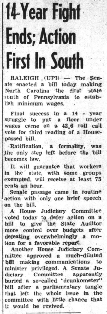 Article on the minimum age act in North Carolina passing in 1959. It states that NC was the first state below Pennsylvania to pass such a law.