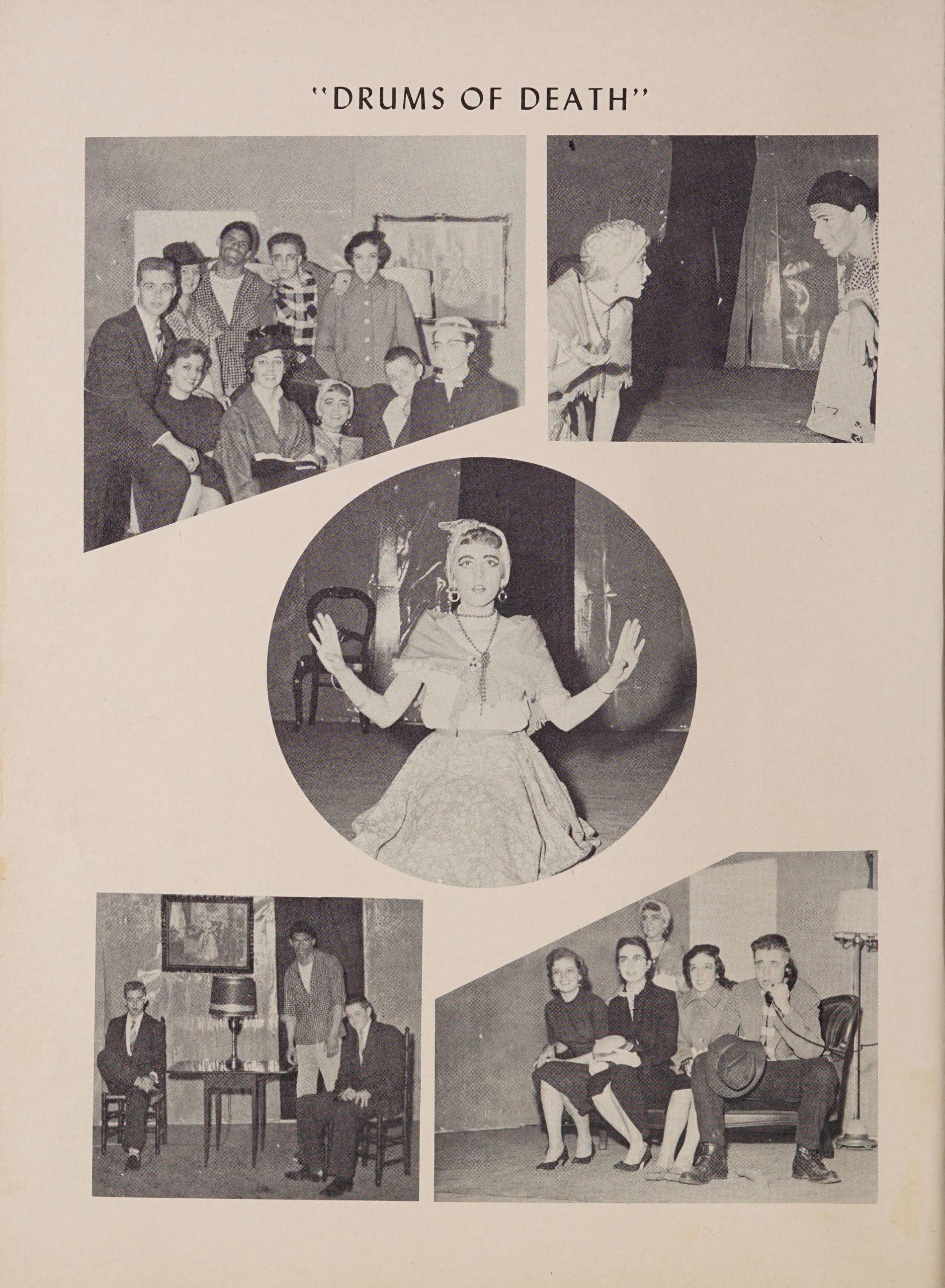 Page titled "Drums of Death" there are five separate photos. One shows a group of cast members huddled together in 19th century fashion. The second shows two individuals talking to each other on stage. The third shows an individual in costume looking out into the audience, shocked. The third shows three individuals on set--two in chairs and one standing--looking at the camera. The final photo has 5 individuals, 4 sitting on a couch while one speaks on the phone.