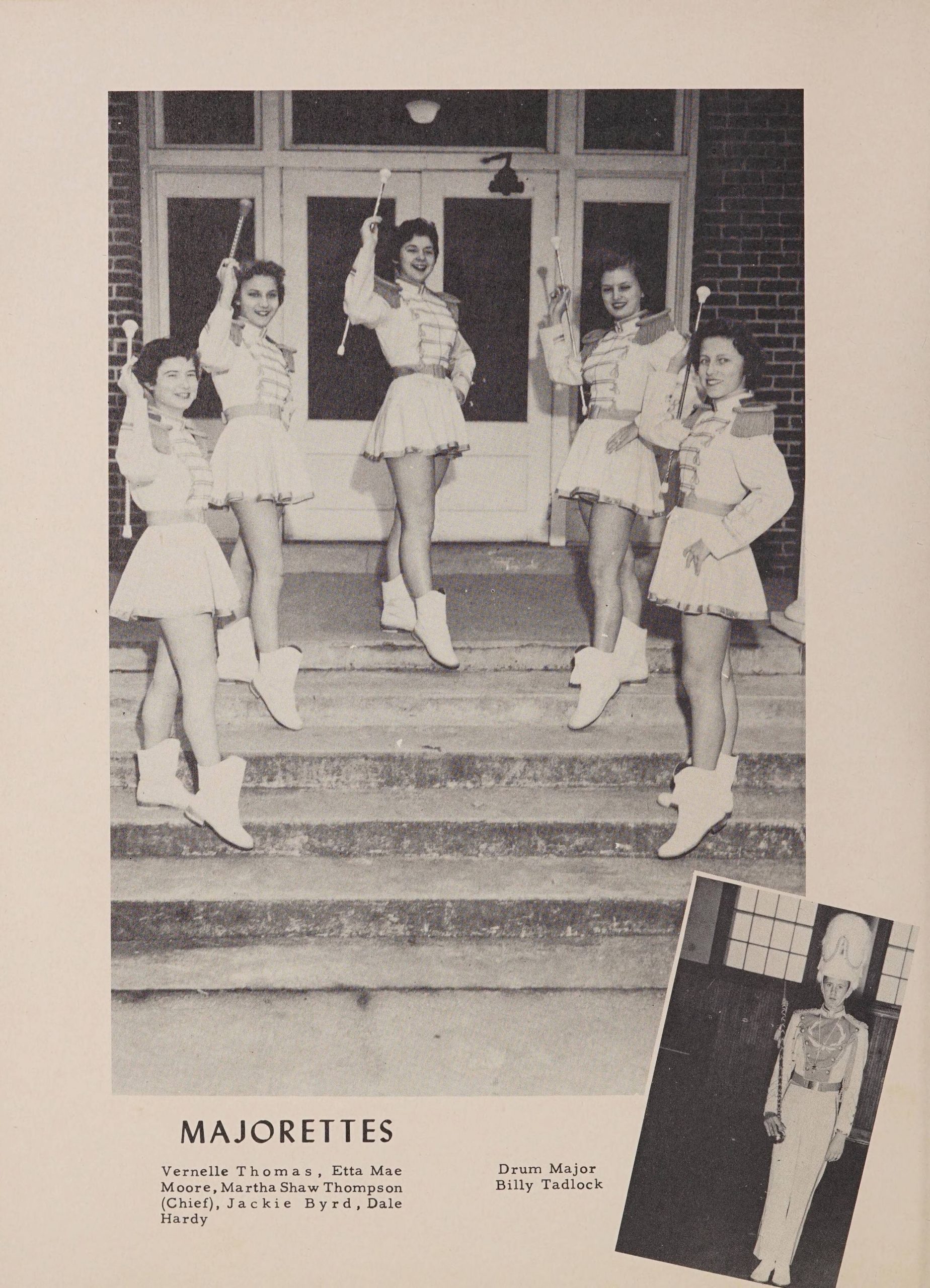 Majorettes page in the 1956 Winoca yearbook. The first picture shows 5 high school students in majorette uniforms and with batons. The second photo shows the drum major in their uniform.