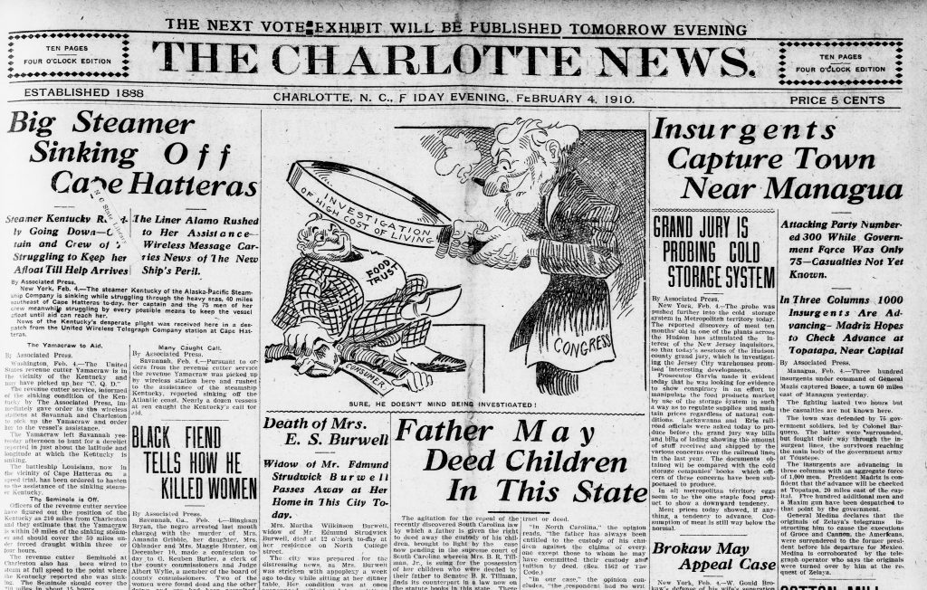 Black and white image of the top half of a newspaper page