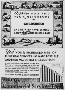 Black and white ad with images of homes, graph, and information about electric rates