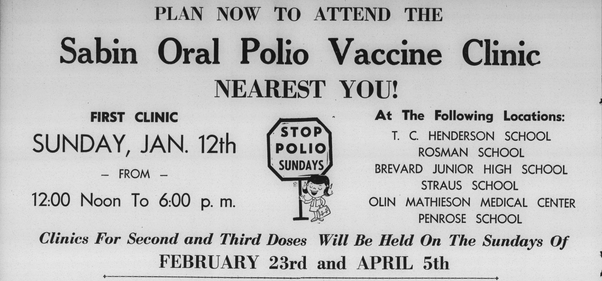 Advertisement for a Sabin oral polio vaccine clinic in Brevard on January 12, 1964.